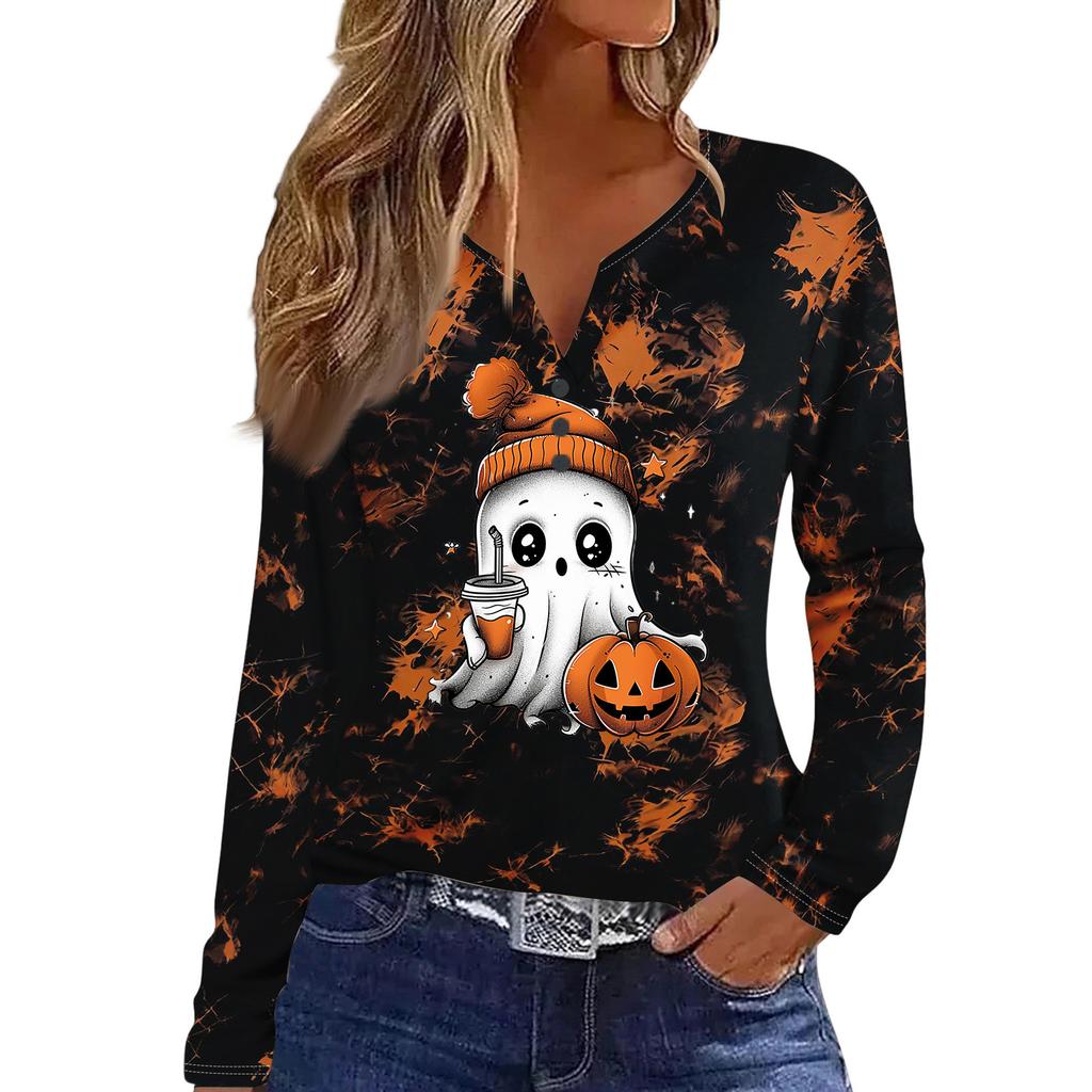 Women's Casual Halloween Print V-Neck Long Sleeve T-Shirt with Decorative Buttons