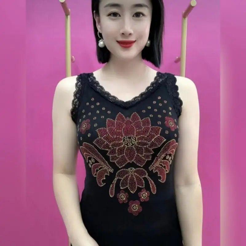 

Винтажный Шик Феникс Бриллианты Майки Элегантный V-образный вырез Кружевная вставка Летний Новый Без рукавов Женский Приталенный Повседневный Модный 6XL светло-розовый