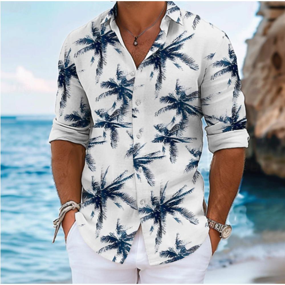 Men's Palm Tree Printed Long Sleeve Shirts Casual Cardigan New Button Holiday Fashion Shirts
