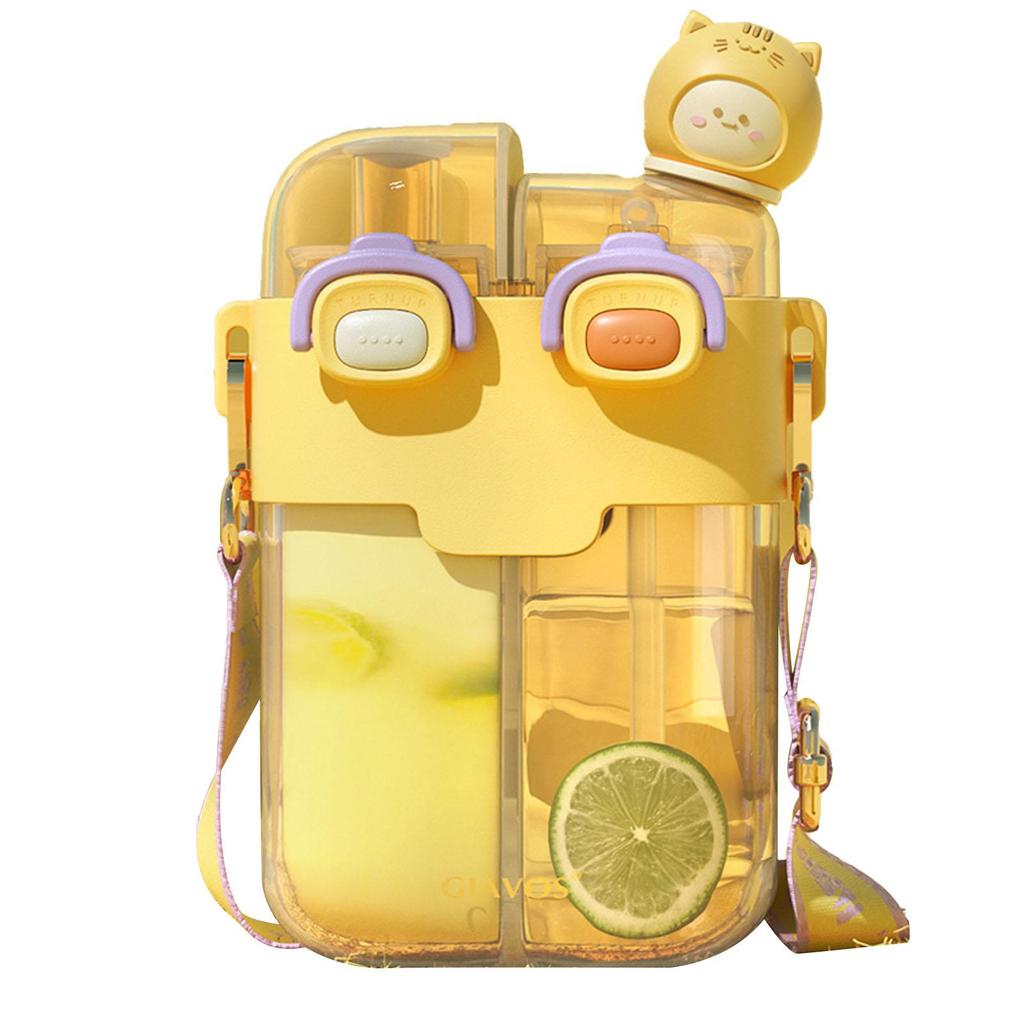 Kawaii Wasserflasche Mode Plastik Doppel Trinkwasserflasche mit Stroh Halteriemen für