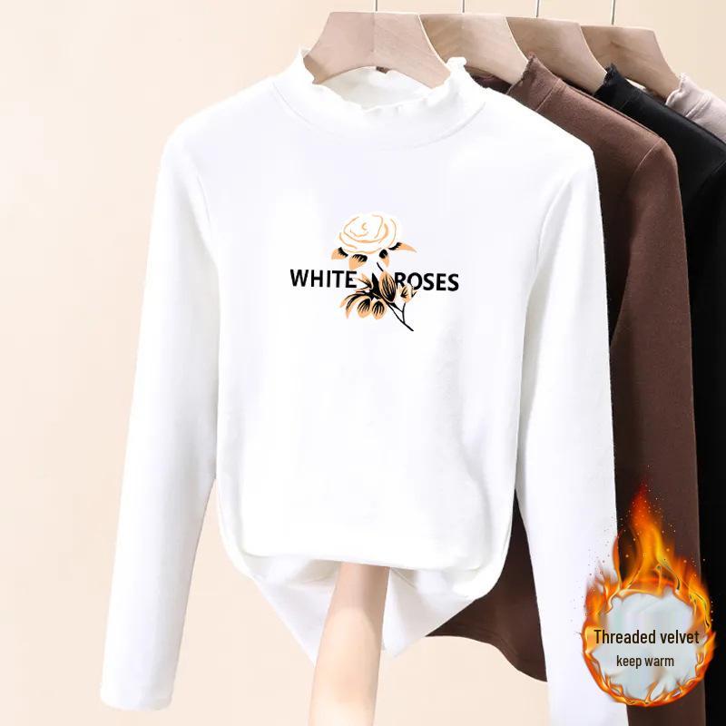 De Velvet Women's High Neck Fleece Base Layer, Plus Size Long Sleeve, Printed, Thick & Warm Top for 2025 Autumn/Winter.