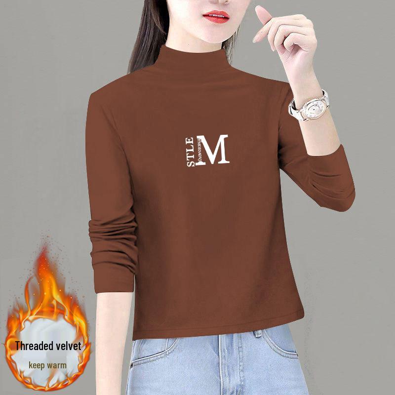 Women's 2024 Velvet Base Shirt: Long-Sleeve, Half-High Neck Top for Spring & Autumn, Trendy and Stylish.