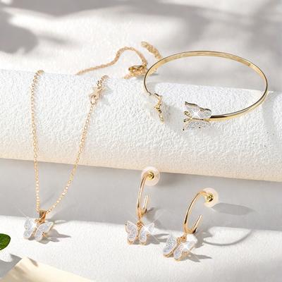 Set di zirconi da donna da 4 pezzi, Braccialetti casual alla moda di lusso da donna, Collana, Orecchini, Set di zirconi, Adatto per l'uso quotidiano, Regalo
