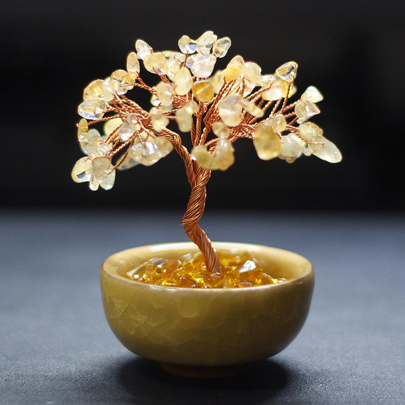 Handcrafted Yellow Citrine Money Tree Teacup Crystal Home Decor