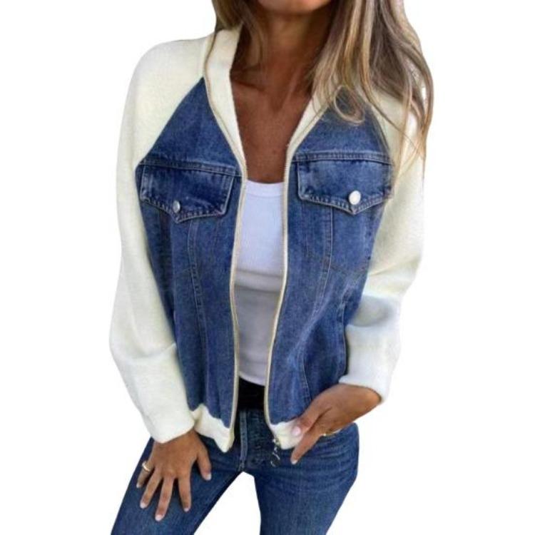 Long Sleeves Women Jacket Patchwork Raglan Shoulder Turn Down Cardigan Zip Up Pockets Color Matching Fall Winter