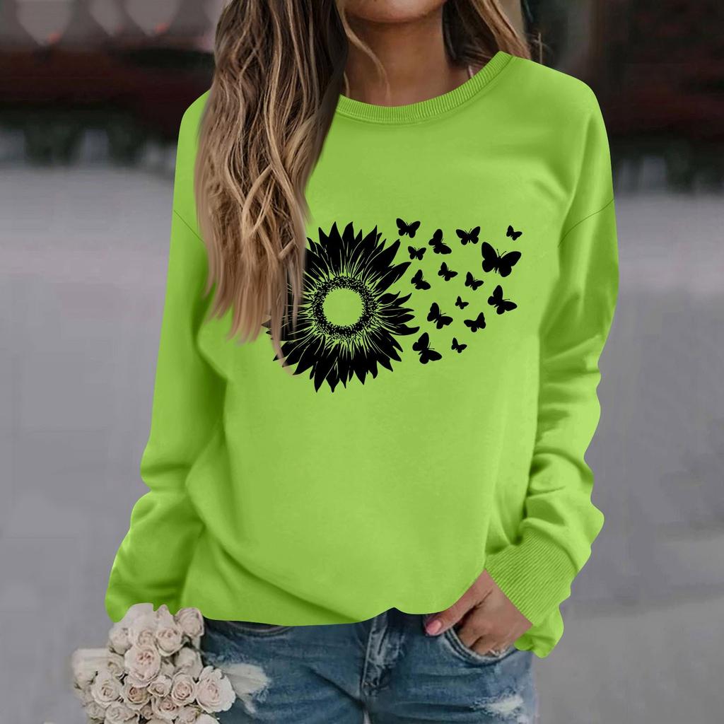 Women's Fashion Casual Long Sleeve Solid Color Printed Round Neck Top Sweatshirt