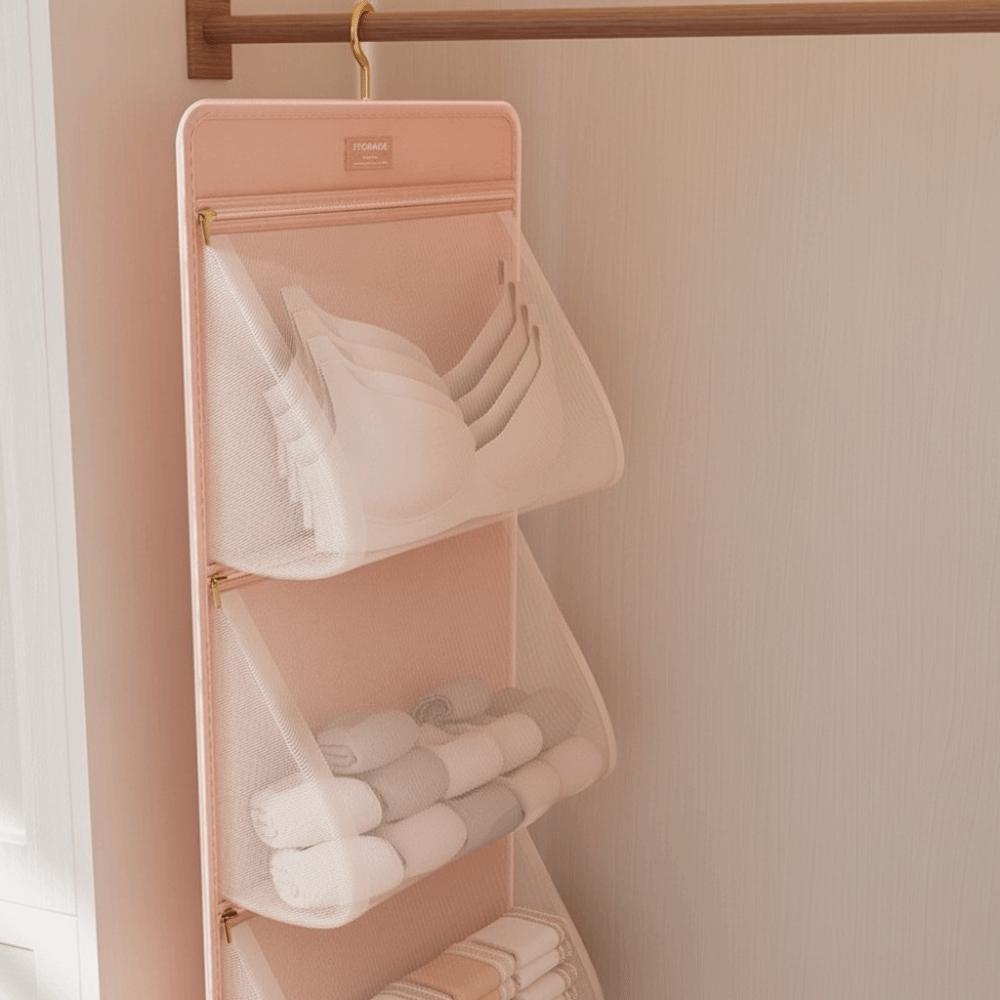 Foldable Underwear Storage Bag Breathable with Zipper Multi-layer Socks Hanging Bag Large Capacity with Hanger Mesh Storage Bag