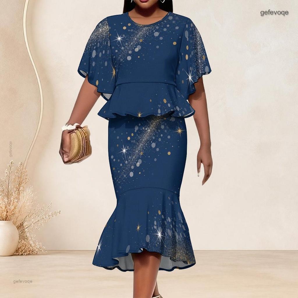 Women Plus Size Two Piece Outfit Round Neck Batwing Sleeve Ruffle Hem Top Fishtail Skirt Printed Red Navy Blue