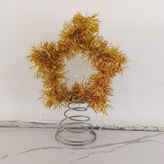 Tinsel Fringe Christmas Tree Topper Metallic Golden Star/Moon/Heart Christmas Treetop Ornament for Xmas Tree Decoration Holiday Party Supplies