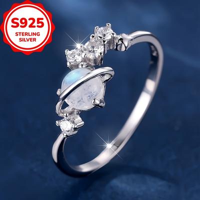 Real S925 Sterling Silver Irregular Stars Rings for Women White Zircon Moonstone Ring Exquisite Jewelry Valentine's Day Gift
