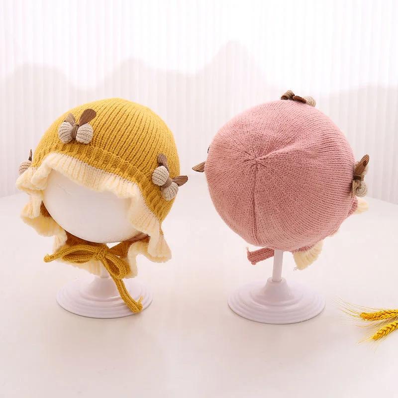 Cute Bow Ruffle Baby Hat Winter Thicken Knitted Warm Infant Lacing Cap Solid Color Newborn Girl Ear Protection Bonnet Beanie