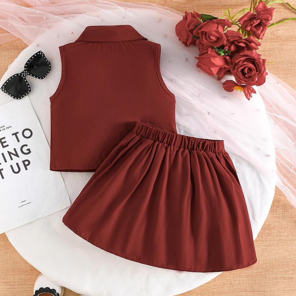 Girls' Pink Vest & Pleated Skirt 2Pcs Casual Outfit