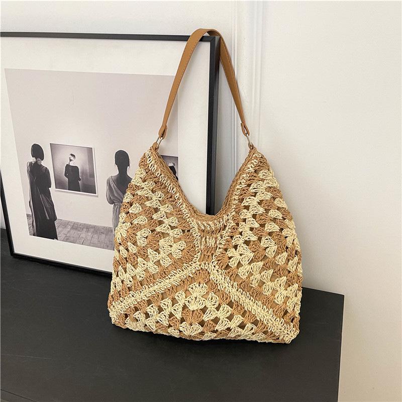 

2024 Женская плетеная соломенная пляжная сумка: Универсальная сумка через плечо для отпуска на море хаки/бежевый