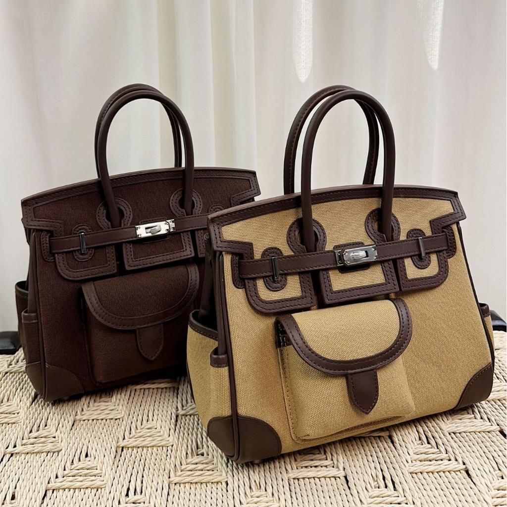 Borsa tascabile in tela platino 25cm color cuoio borsa a mano abbinamento colore senso premium grande capacità borsa a spalla crossbody tote da donna