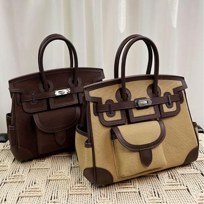 Canvas Tasche Platin Tasche 25cm Rindsleder Farbblock Handtasche Premium-Feeling Große Kapazität Schulter Crossbody Tote Damentasche