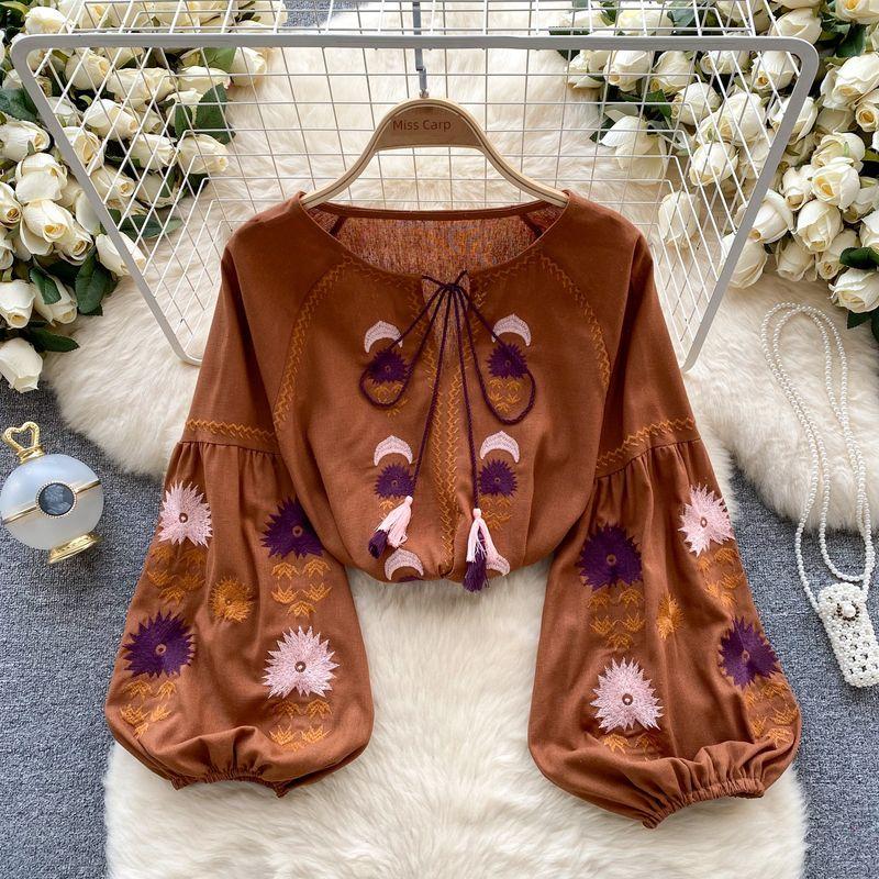 

Retro Travel and Vacation Wear Loose Long Sleeves Shirt Curry color One size