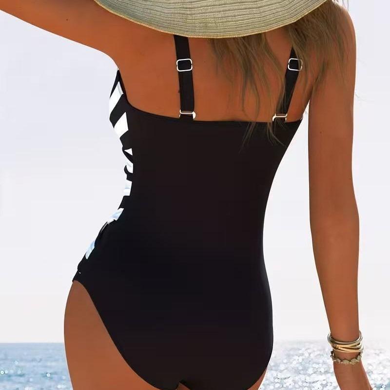 New One-piece Swimsuit Women's V-neck Pleated One-piece Halter Swimsuit Hot Spring Swimming