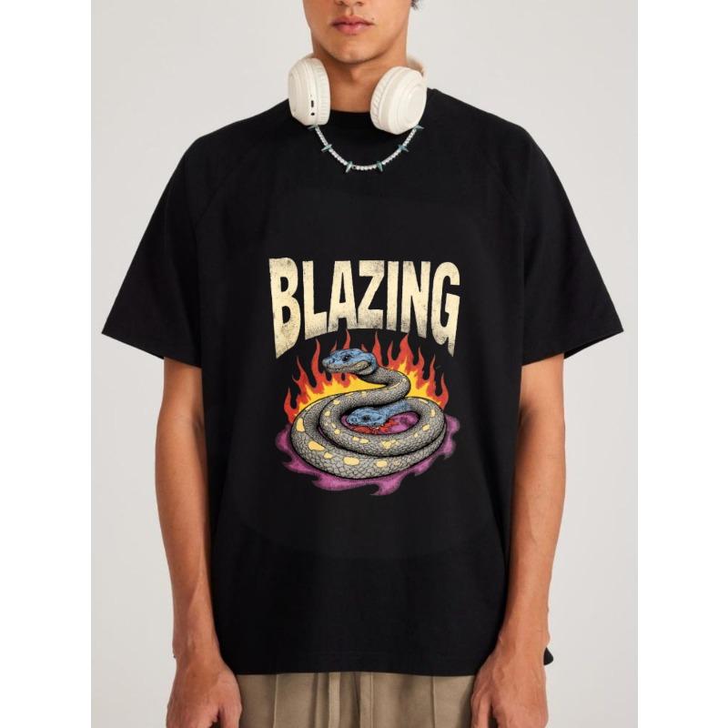 

Crewneck T Shirt White Blazing Snake with Flames Graphic Print Casual Streetwear for Men XXXXL чёрный