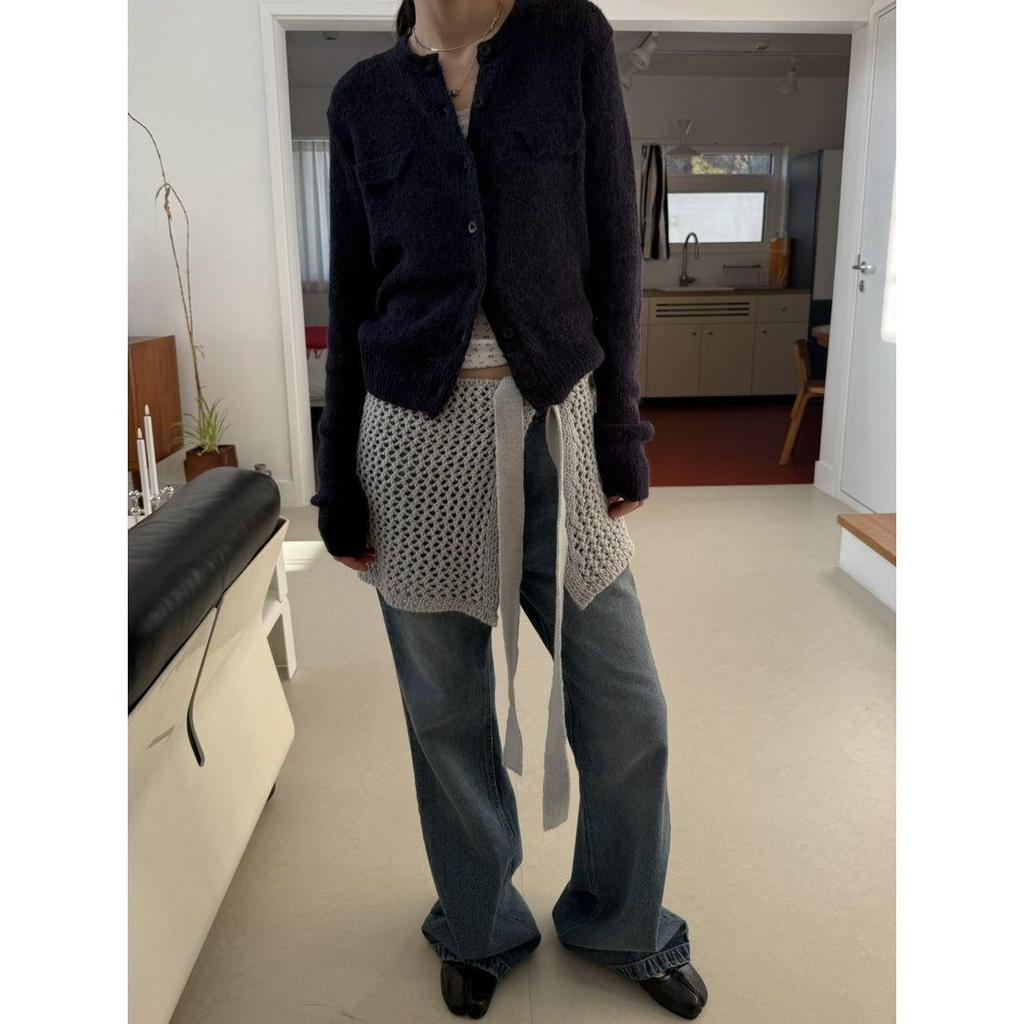 Women's 2025 Summer Black Lace-up Knit Mini Skirt with Hollow-out Design