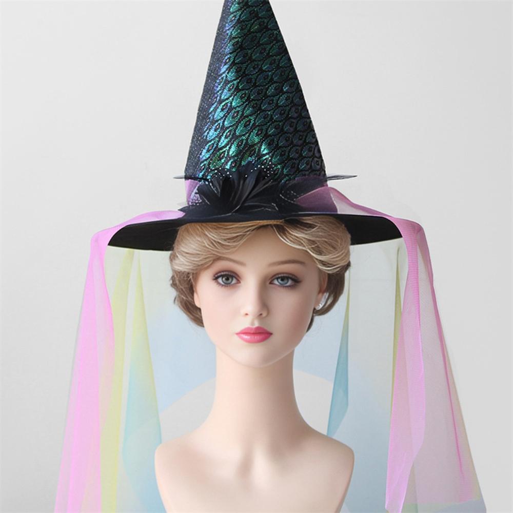 Halloween Witch Hat with Flowers Party Wizard Hats Decoration Props for Adults Children Cosplay Witch Net Gauze Headwear Costume