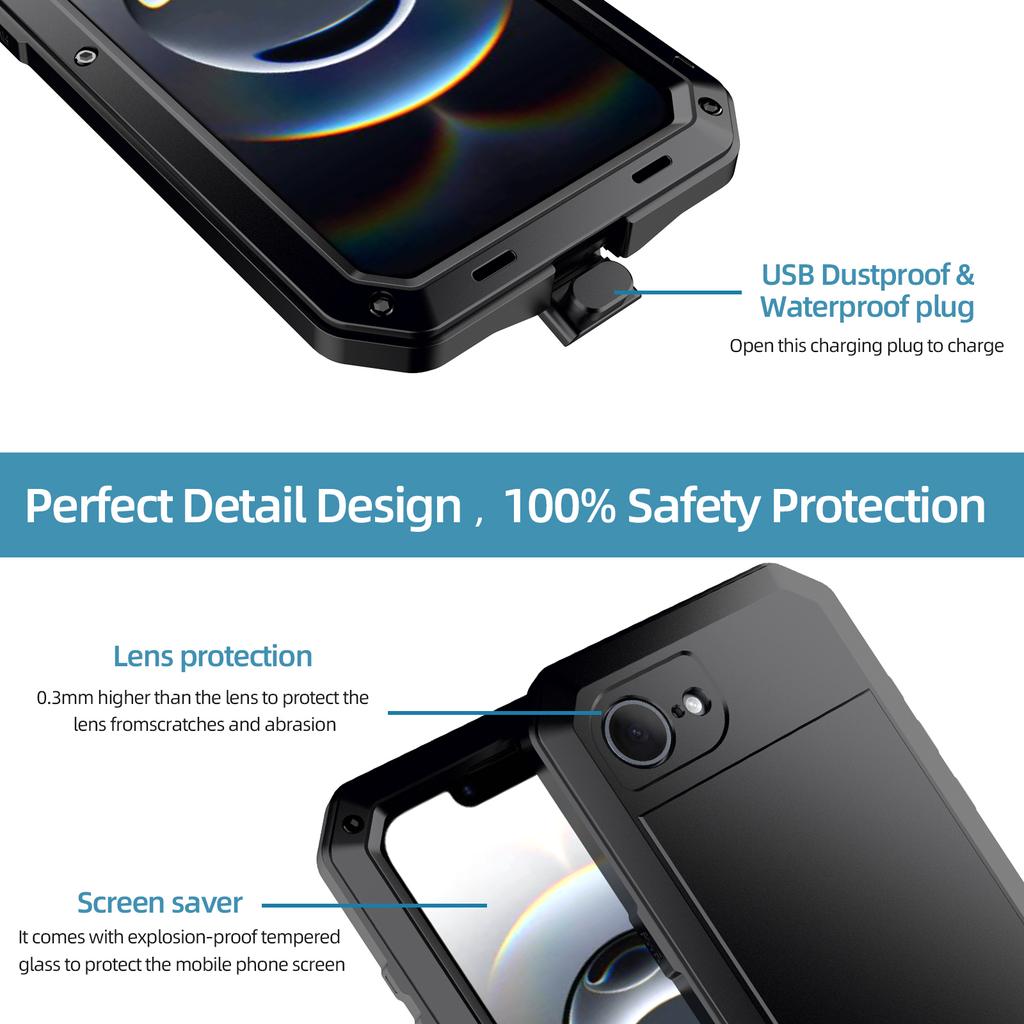 For iPhone 16e Case Silicone+Metal Anti-Drop Phone Cover with Tempered Glass Film