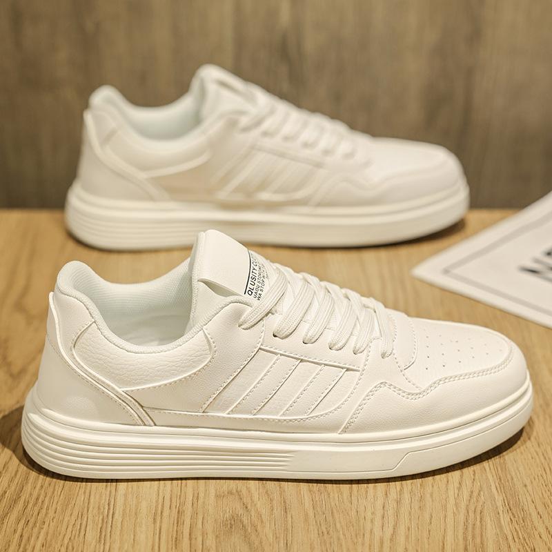 Spring New Shoes for Men Leather Casual Shoes Fashion Striped White Flat Skateboard Shoes Youth Street Lace-up Sneaker