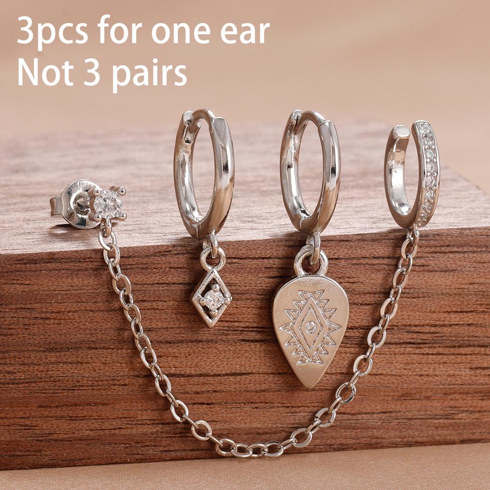 Fashion Zircon Eye Leaf Shaped Dangle Earrings Set for Women Stainless Steel Chain Ear Stud Ear Clip Trend Birthday Jewelry Gift