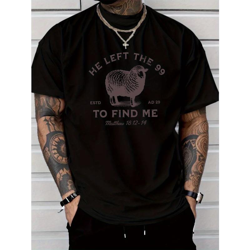 European Size Men's Funny Bible Quote T-Shirt -Casual Tee with Sheep Design ("He Left the 99"), Light Grey Everyday Shirt for Church& Casual Attire