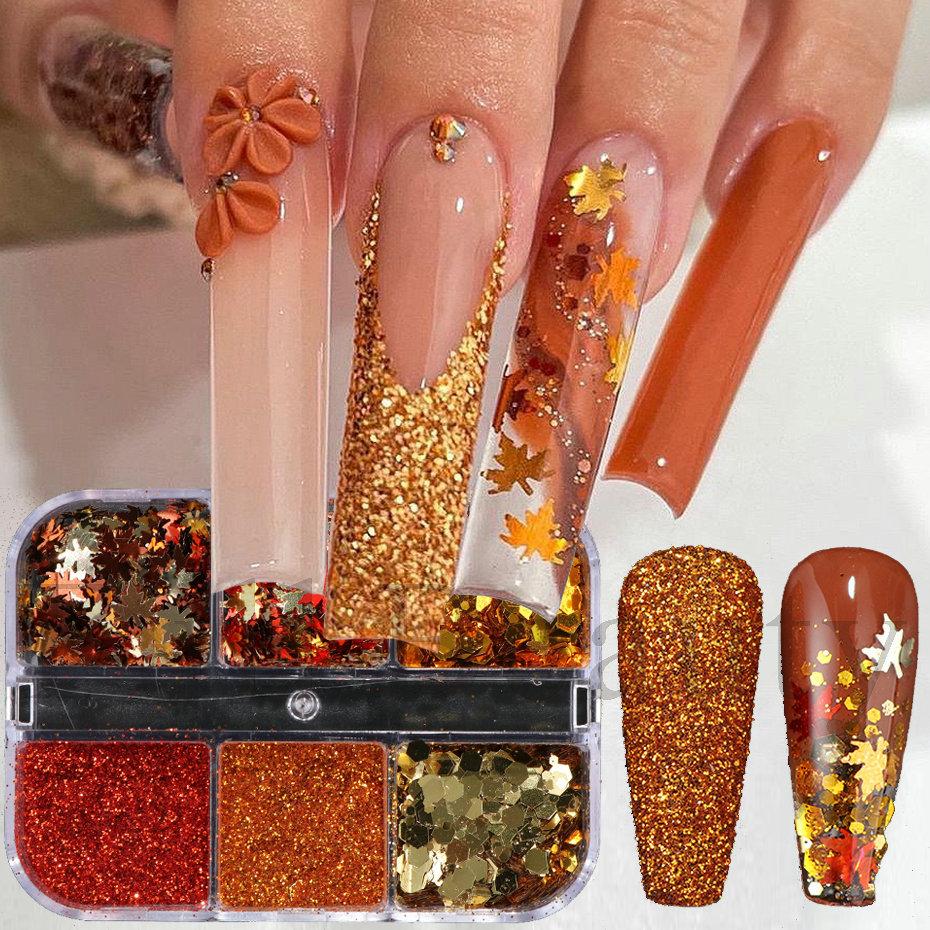 Nail Art Sequins 6-Gate Box Autumn Thanksgiving Maillard Color Symphony Maple Leaf Sequins Glitter