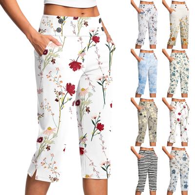 Pantaloni de damă vintage cu imprimeu floral, buzunar cu nasture, crăpătură, talie înaltă, pantaloni sport, yoga, casual