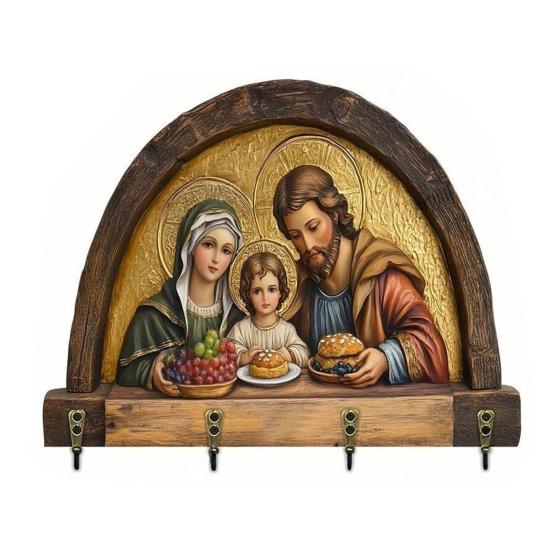 Dřevěný křesťanský držák na klíče 2D plochý Ježíš přijímání umění klíčenka stojan se 4 háčky náboženský nástěnný stojan na klíče pro vstupní halu domácí dekorace