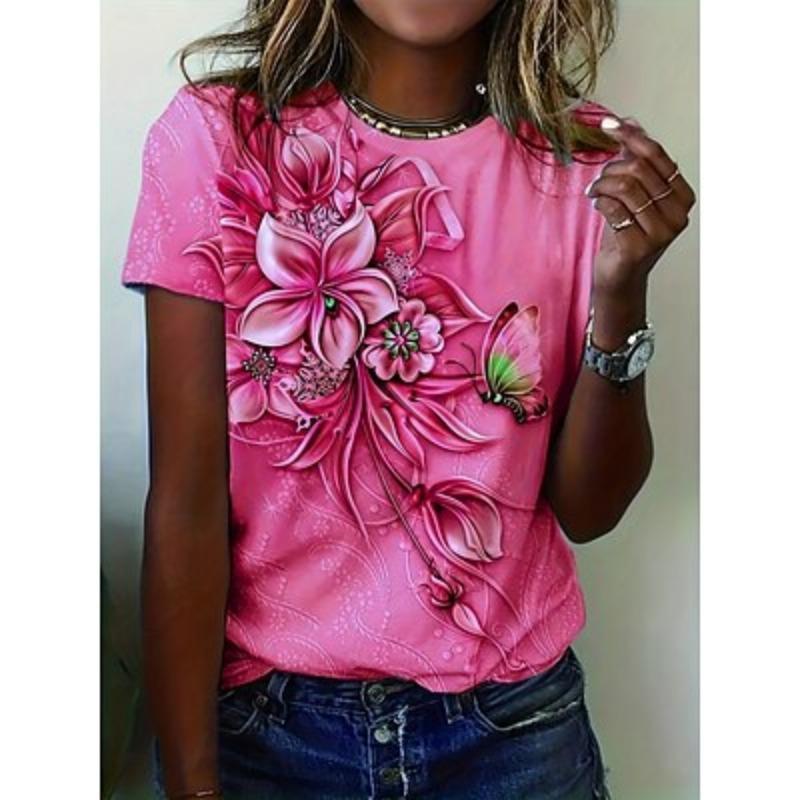 Women's T-shirt Floral Crew Neck Short Sleeve 3D Butterfly Print Elegant Casual Wear Spring Summer Comfort Fit Purple Multisize Fashion Top