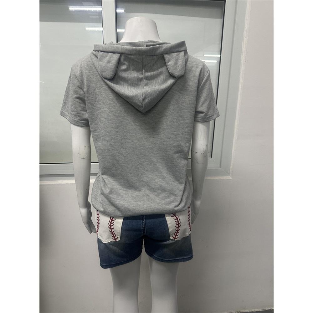 Women's summer short-sleeved large pocket cartoon printed casual drawstring hooded T-shirt