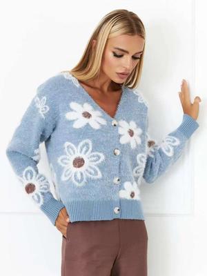 Women Winter Faux Mink Velvet Cropped Cardigan V Neck Floral Jacquard Knit Sweater