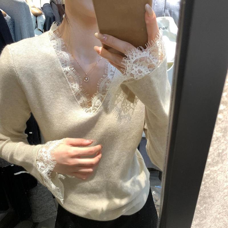 Light ripe style lace collar flared sleeve knitted sweater soft waxy sweater women's autumn and winter slim-fitting inner long-sleeved bottoming top