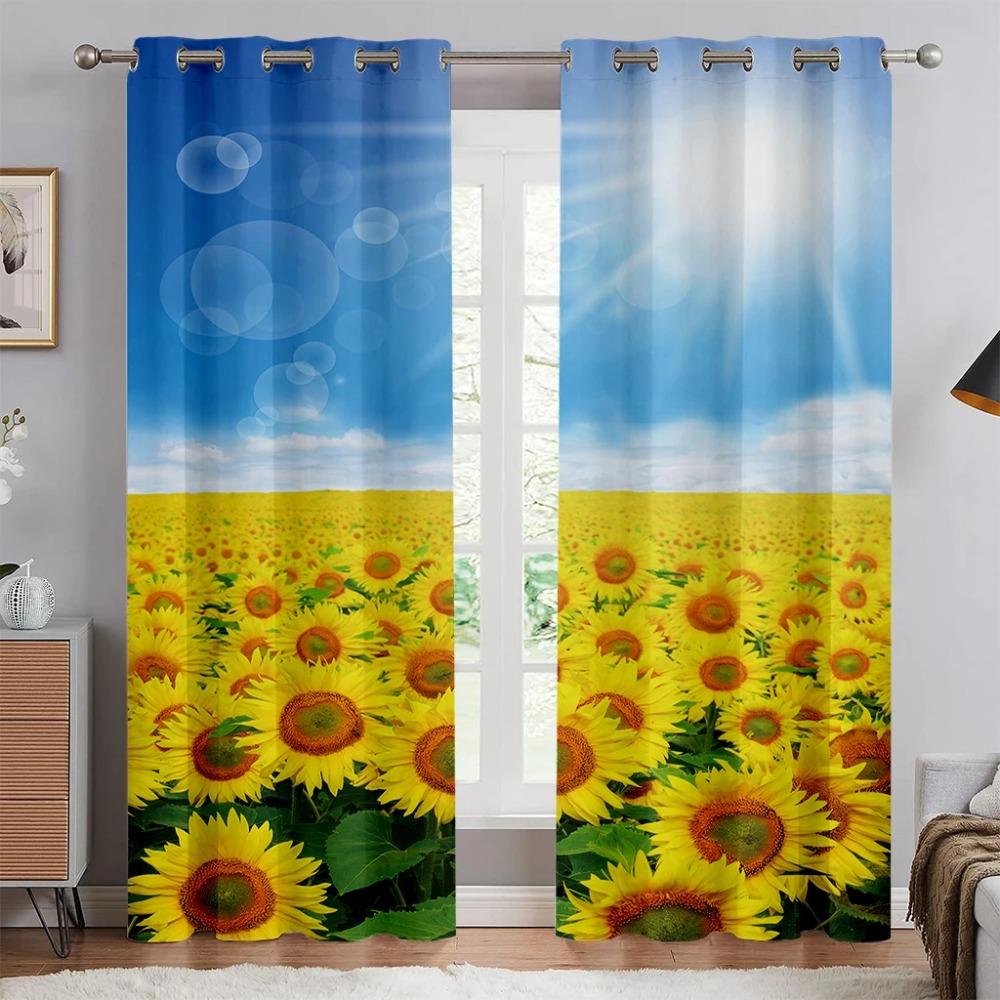 Vintage Oil Painting Sunflower Floral Print Curtain, Window Decoration, Rod Pocket, Bedroom, Living Room, Kitchen 2PCS