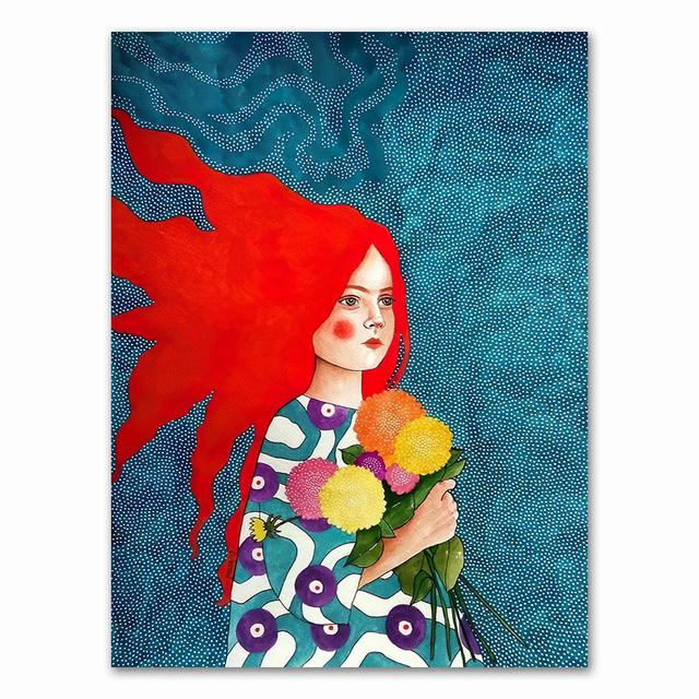 Abstract Girl Hair Flower Bird Wall Art Canvas Painting Vintage Nordic Prints Wall Pictures For Living Room No Frame
