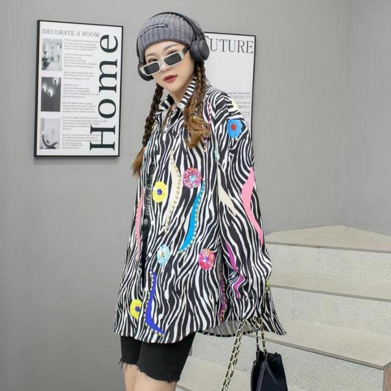 Thailand Tide Brand Autumn New Heavy Industry Bead Printing Long-sleeved Shirt Women's Medium and Long Loose Shirt Cross-border
