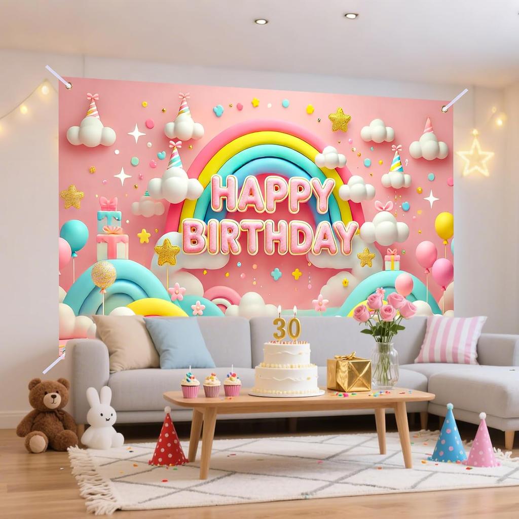 Nuxovilar Happy Birthday Banner - Large 71x43 Inch Pastel Rainbow Clouds Party Backdrop for Kids, Yard Sign, Birthday Decorations