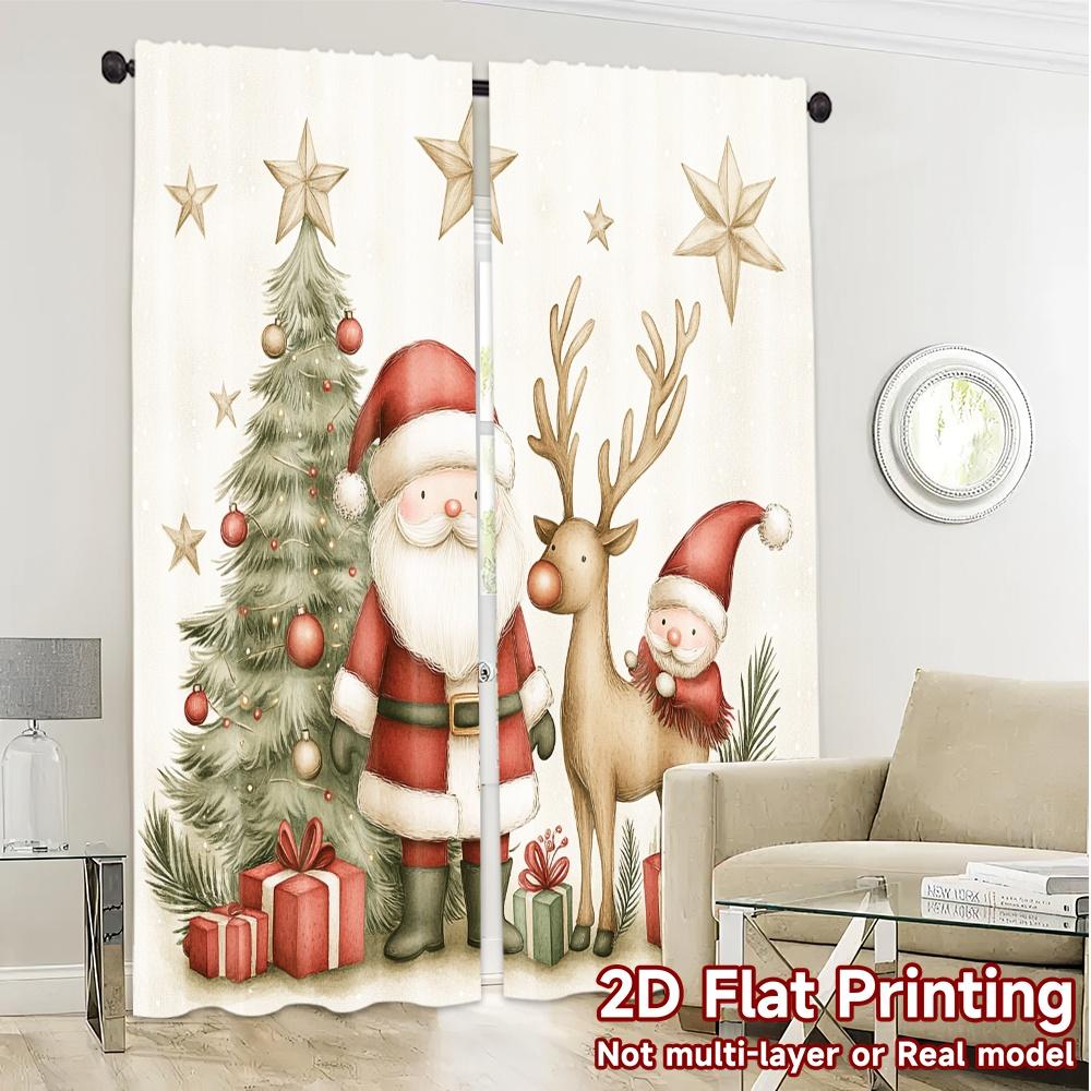 2pcs,Curtains Cute Christmas Santa Reindeer Tree Modern Light Filtering Curtains Durable Polyester Curtains Decorations For Home