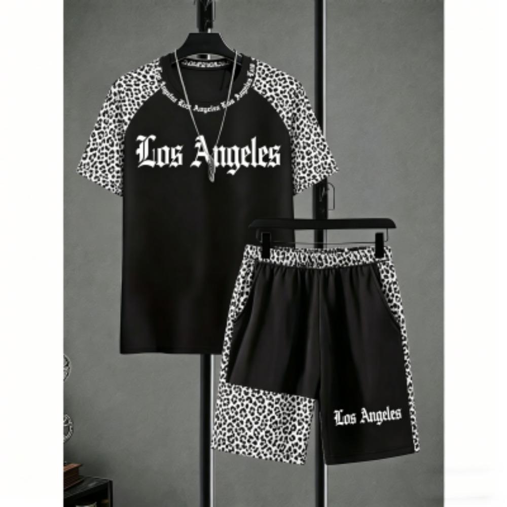 Fashion Men's Set Leopard Colorful Printed Men's T-shirt and Shorts 2 Piece Set Summer Casual Outdoor Men's and Women's Outfit Clothing
