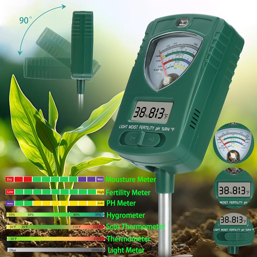 7-in-1 Soil pH Meter Analyzer Moisture Sensor Soil Tester for Gardening Hydroponics Planting PH Fertility Temperature Humidity