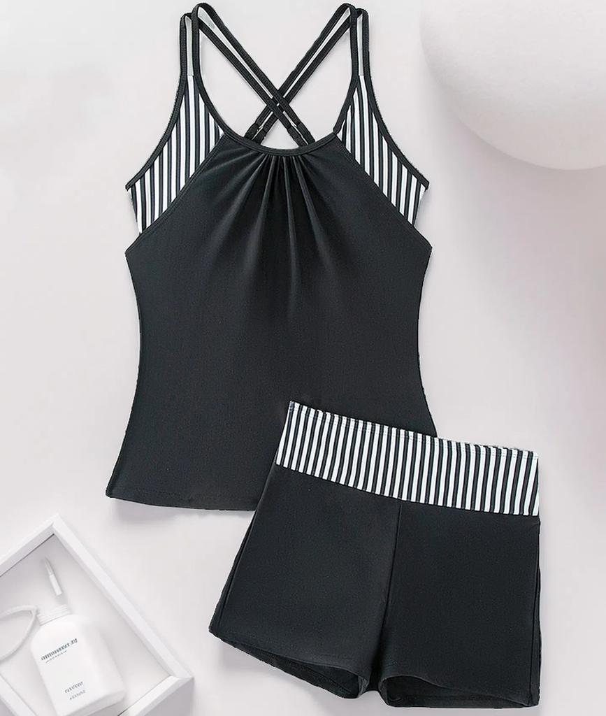 Damskie Stroje Kąpielowe Wzory Kontrastujące Szorty z Szelkami Split Bikini Strój Kąpielowy Odzież Plażowa Stroje Kąpielowe