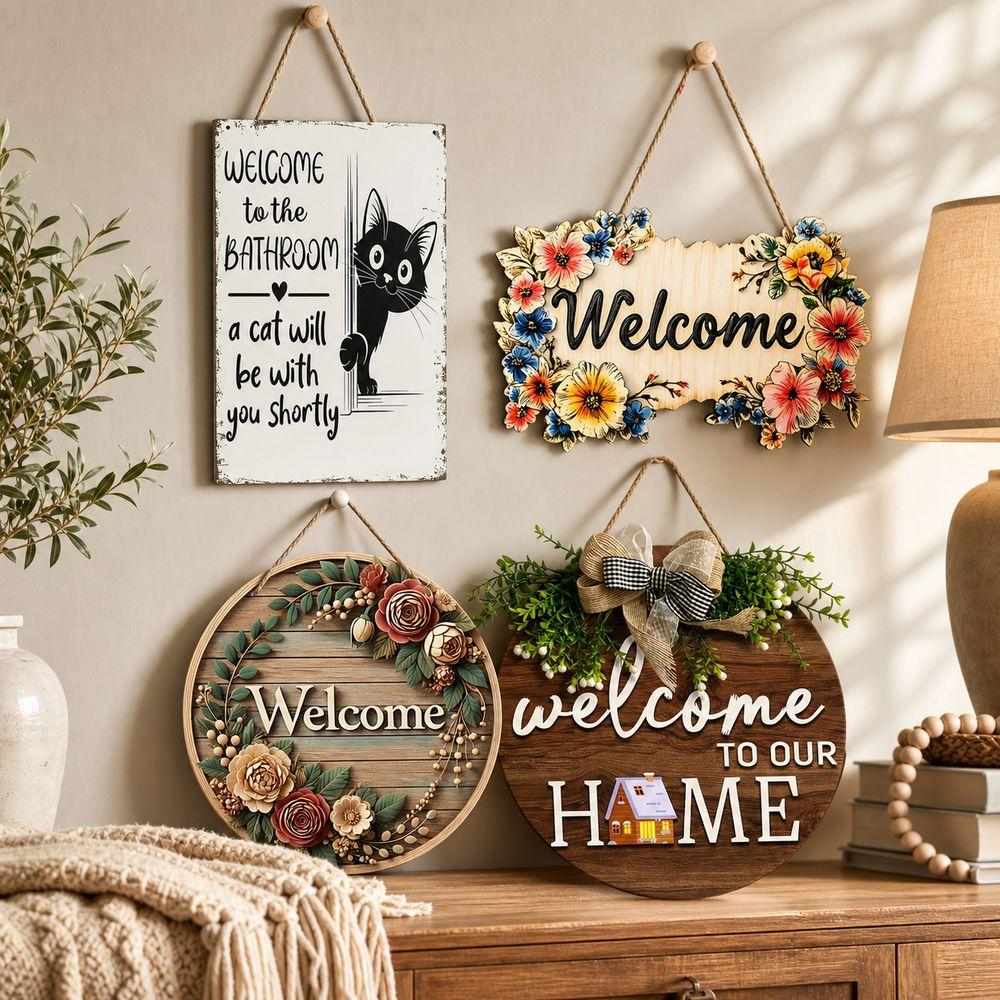 Retro Style Round Doorplate Cat Print Hanging Wooden Board New 2D Round Welcome Sign Home Decor