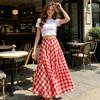 Women Maxi Skirt, Elastic Waist Plaid Print Long Skirt, Flowy Hem Lightweight Summer Skirt for Beach Travel Vacation Party