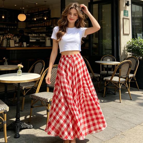 Women Maxi Skirt, Elastic Waist Plaid Print Long Skirt, Flowy Hem Lightweight Summer Skirt for Beach Travel Vacation Party