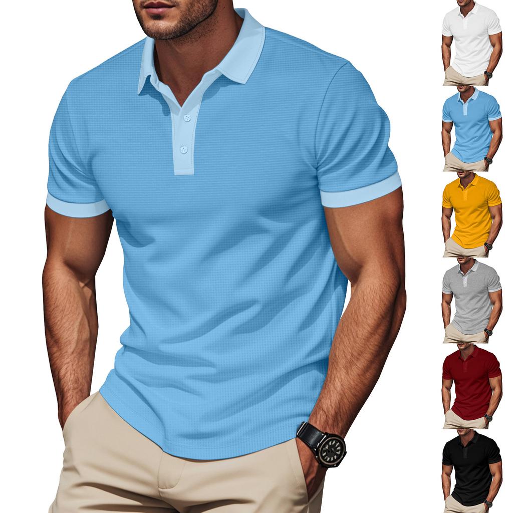Summer New Arrival Men's Polo Shirt Solid-Colour Collared Short-Sleeved Top with Contrast Panels