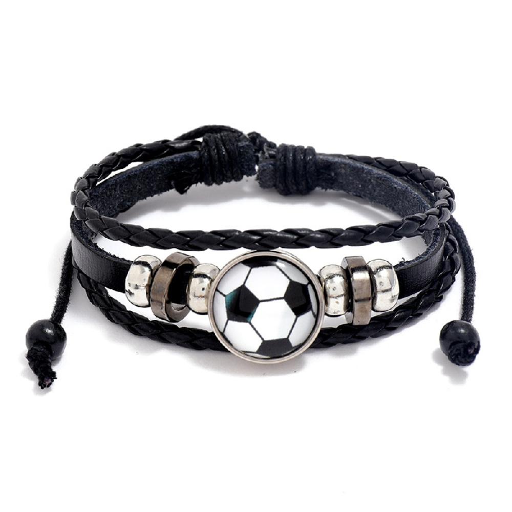 

Personality Football Beads Decor Rope Woven Bracelet, Handwoven Sporty Style Adjustable Wristband PU Football Braided Bracelet