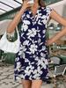 Women's Boho Floral Shirt Dress V Neck Collar Cap Sleeve Loose Dress with Pockets