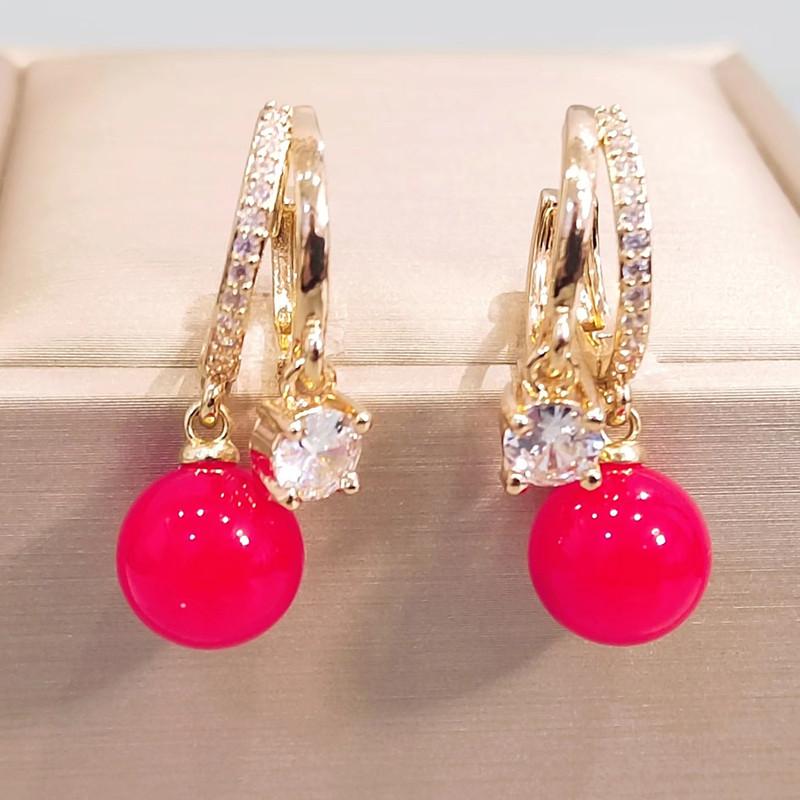 Trendy Red Imitation Pearls Drop Earrings for Women Fashion Zircon Hoop Earring Jewelry Party Accessories